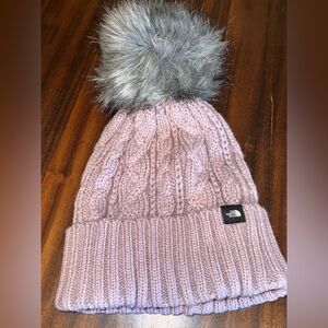 The North Face Mauve/Plum Cable Knit Beanie with Gray Pom